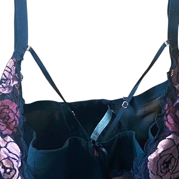 Cacique Bra 44F Pink Roses Black Lace Adjustable Straps Padded Cups Sexy - Picture 4 of 11